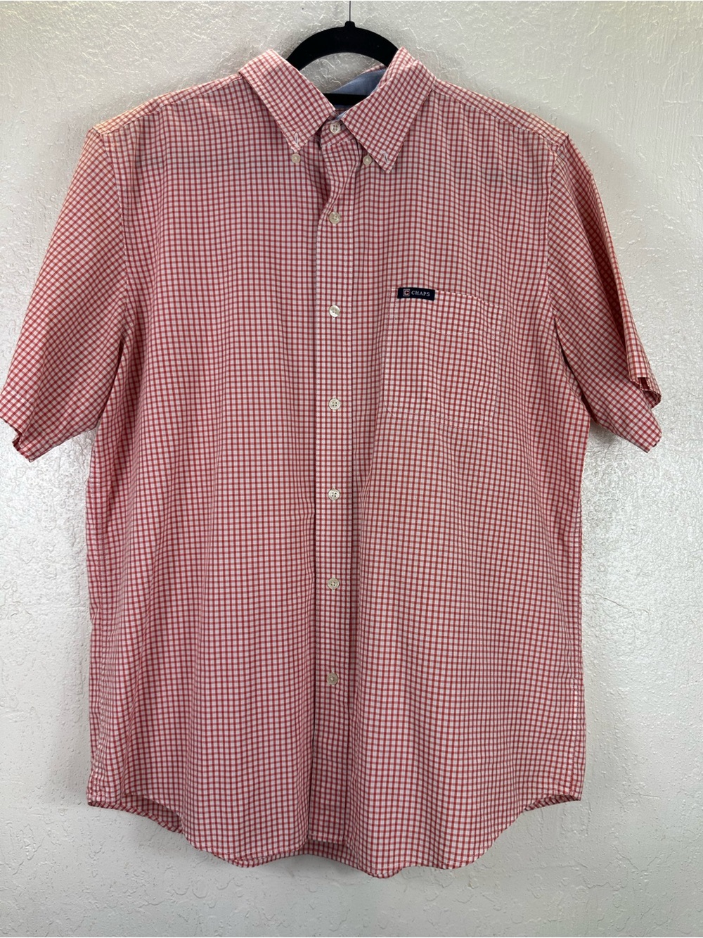 Chaps Men’s Short Sleeve Button Down Shirt Red White Gingham Check Size L - Picture 2 of 10